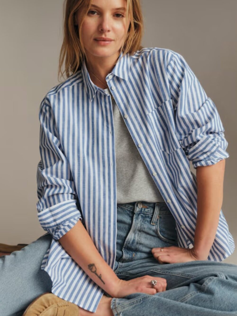 Sezane Max button-down shirt - striped blue - EUC